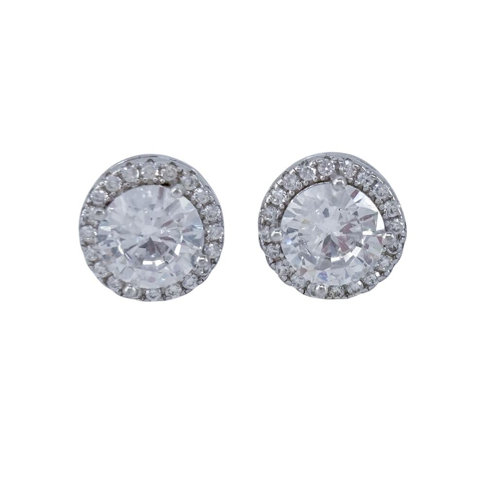 Vintage Sterling Silver 925 Cubic Zirconia Halo Stud Earrings
